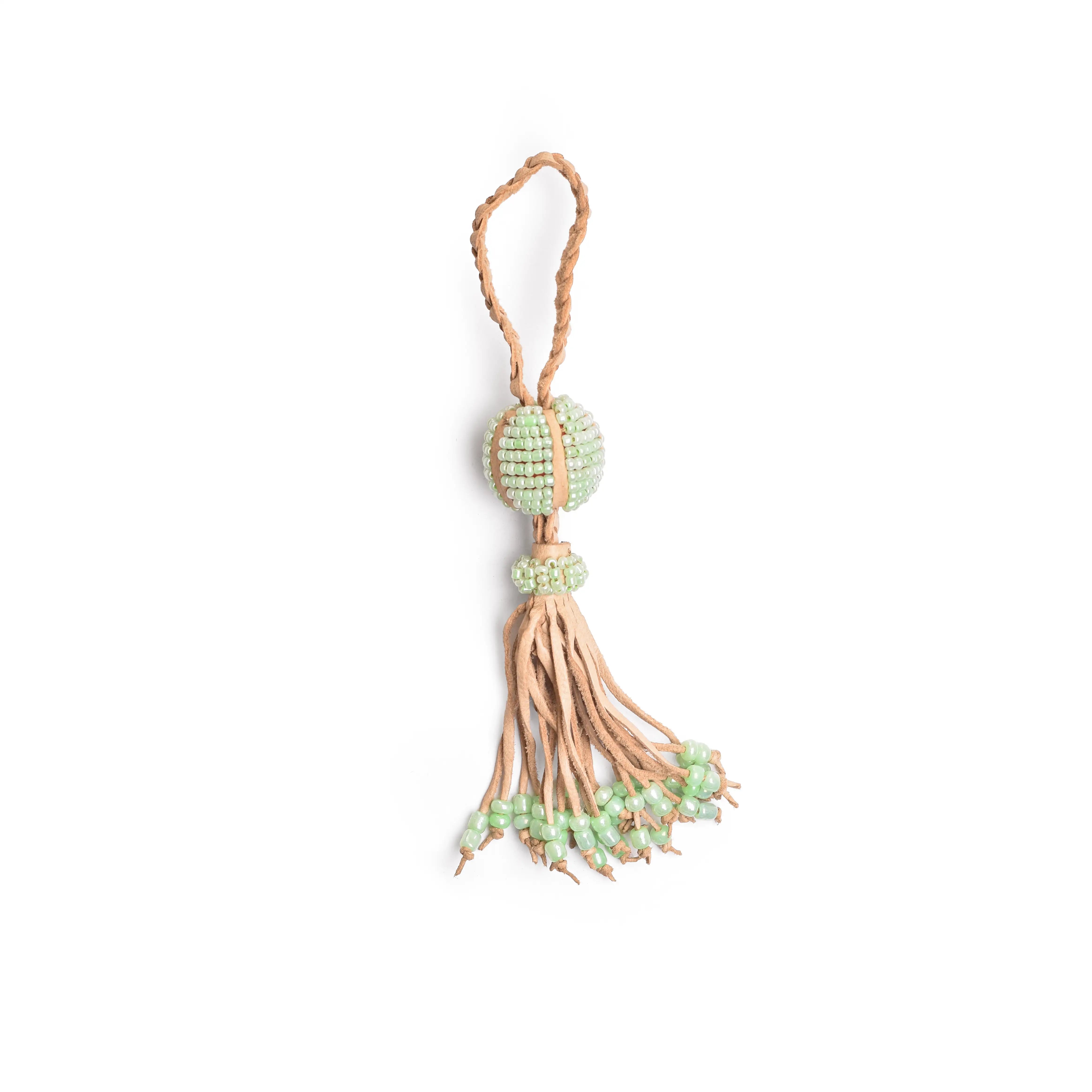 hand braided leather tassel with green beads