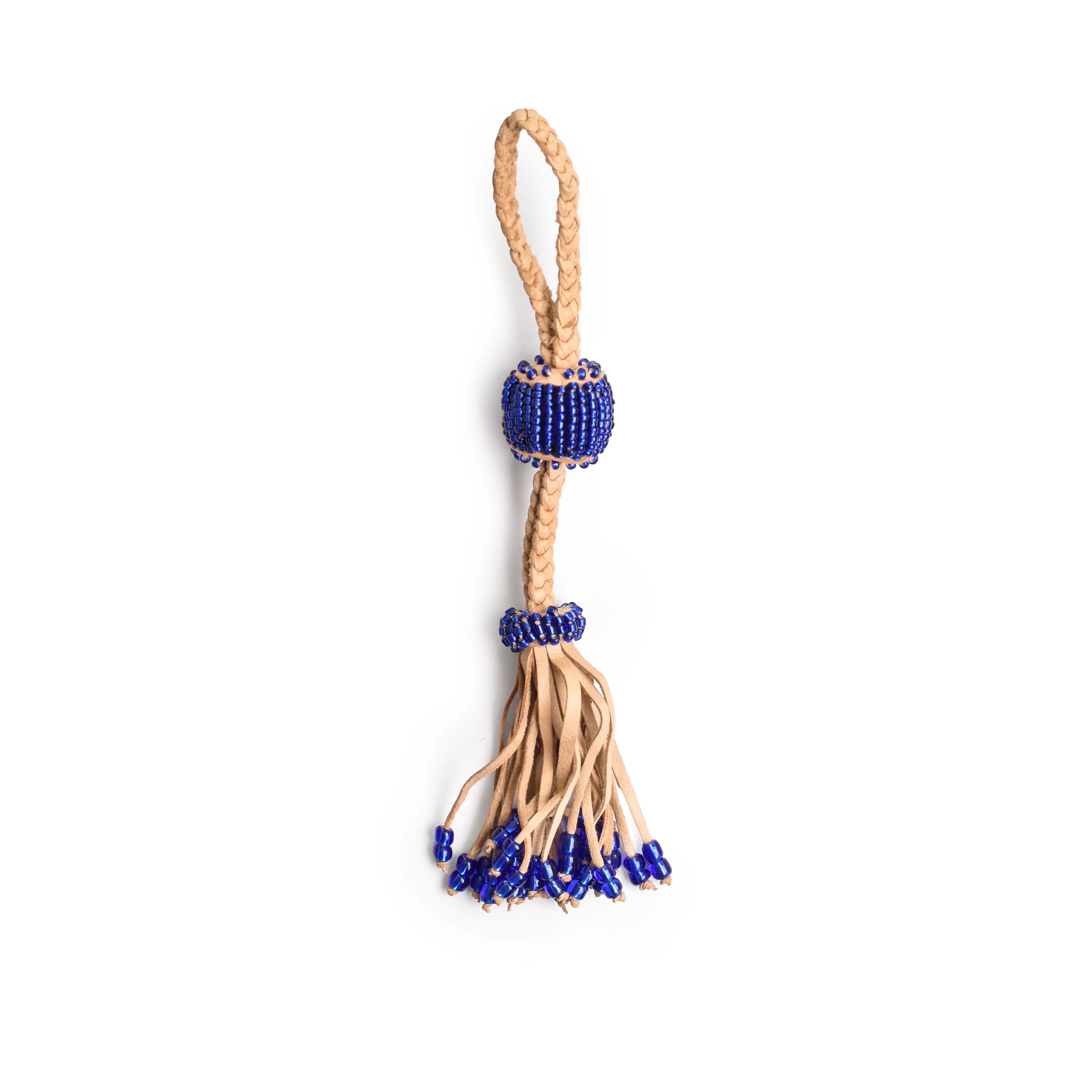 hand braided leather tassel with blue beadS