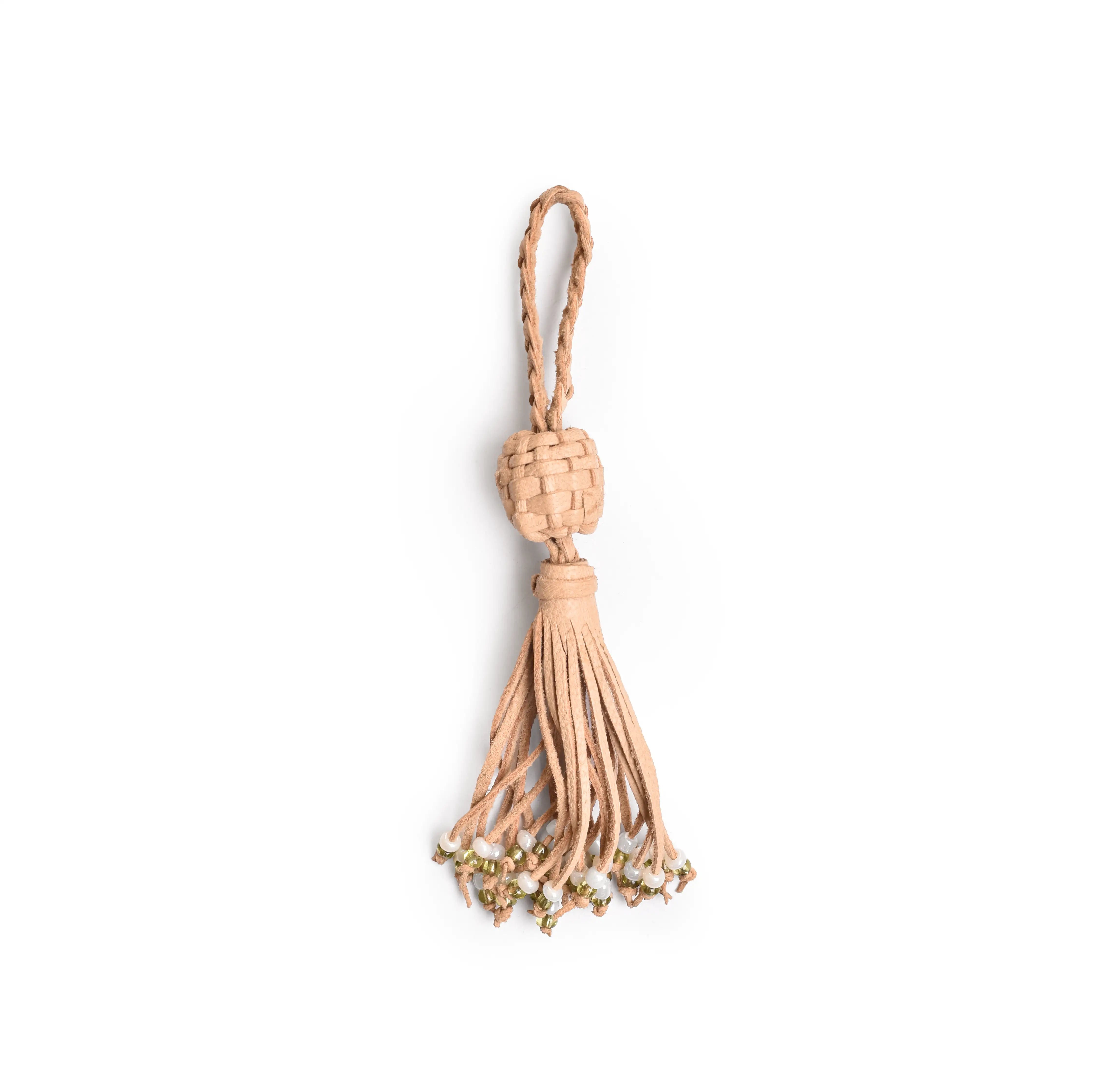 hand braided leather tassel with white beads
