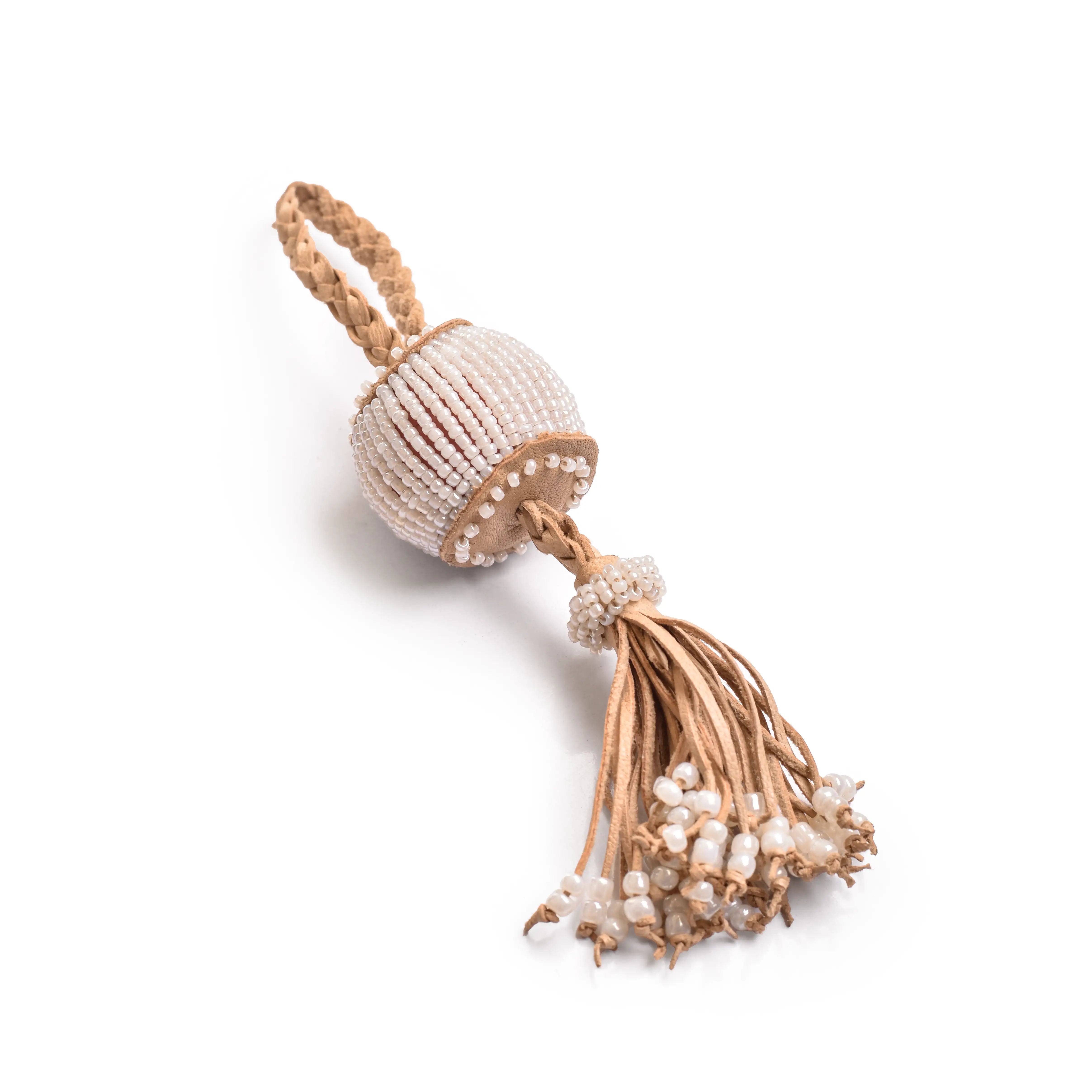 hand braided leather tassel with white beads