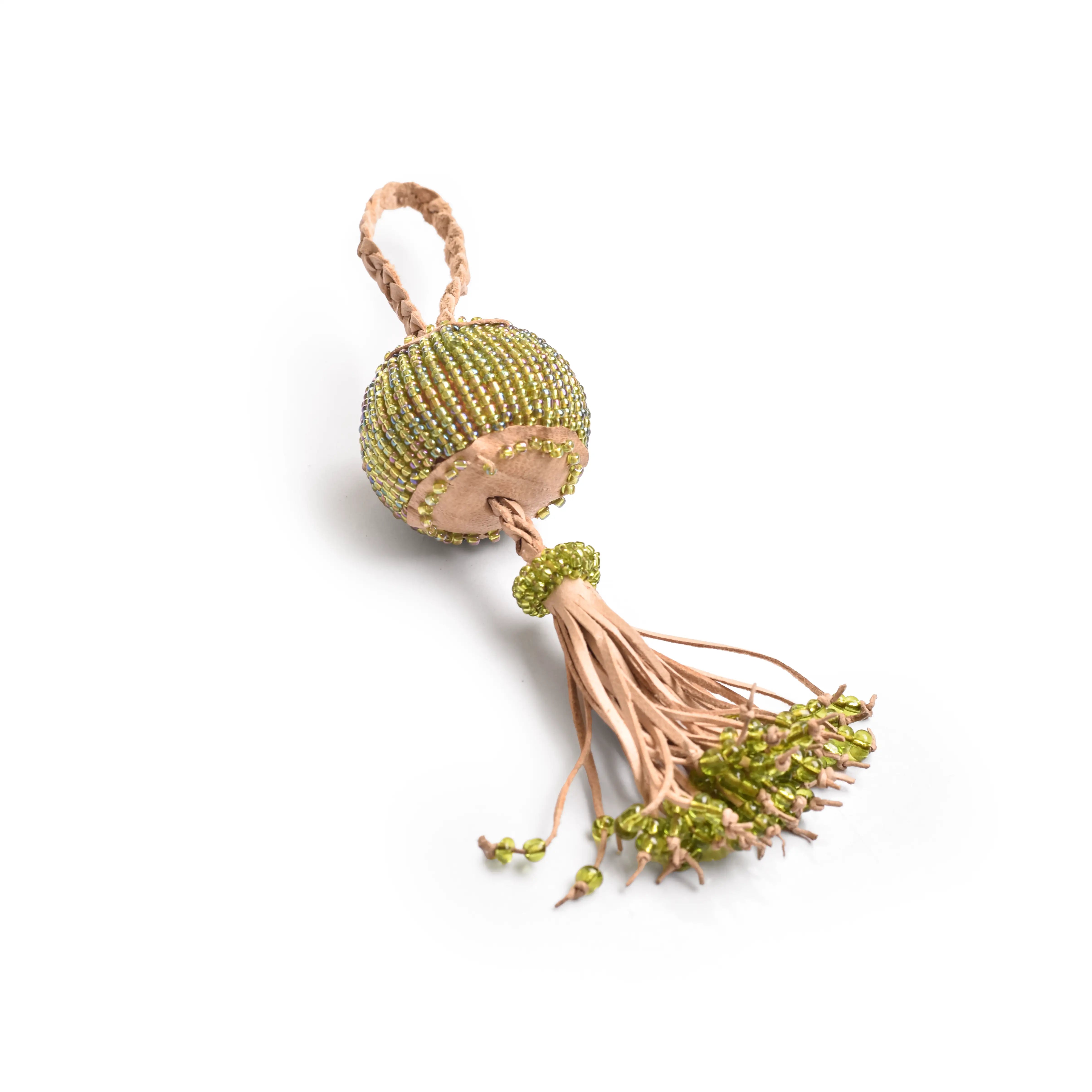 hand braided leather tassel with green beads