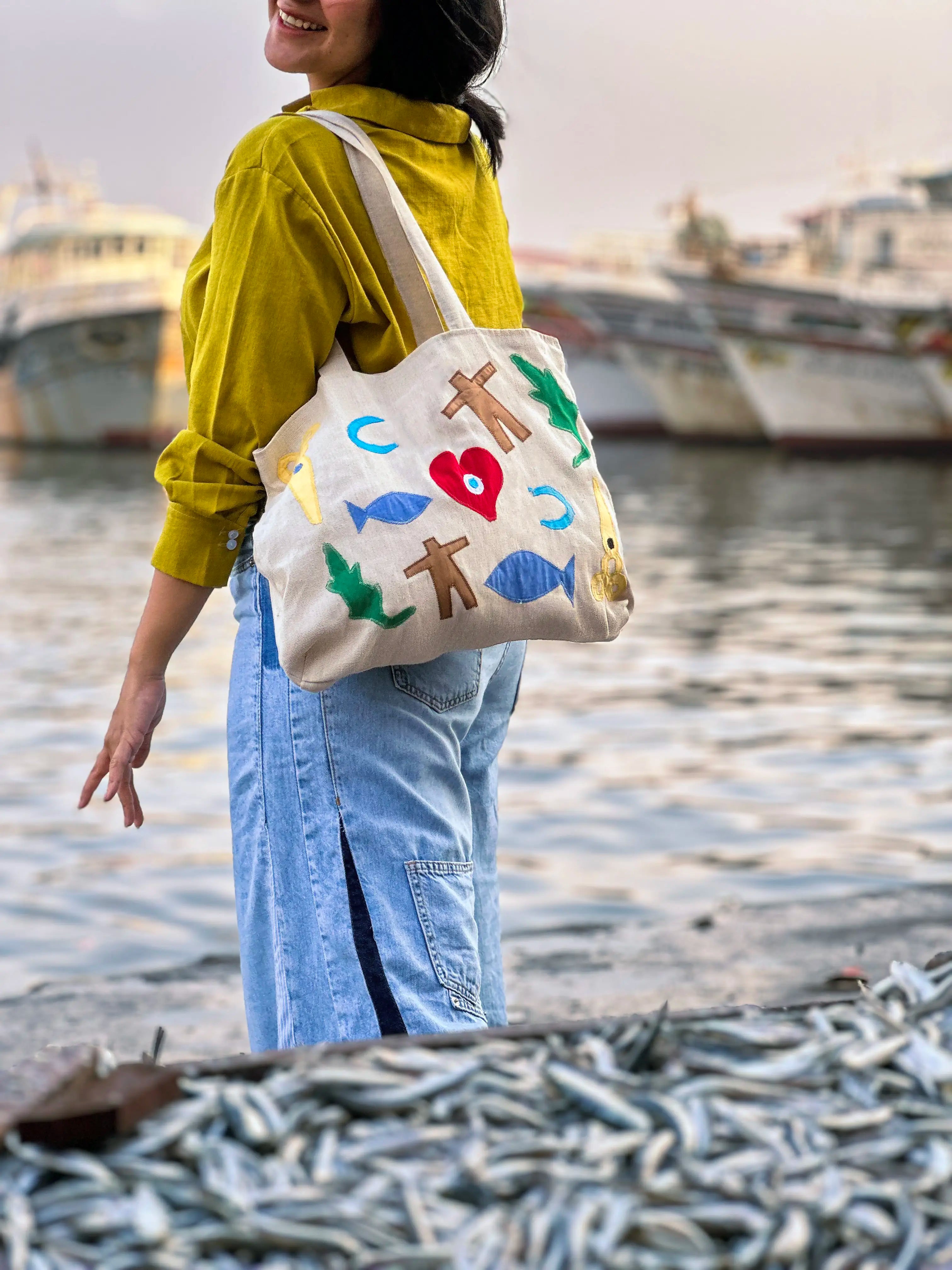 Protection Patchwork Linen Tote Bag