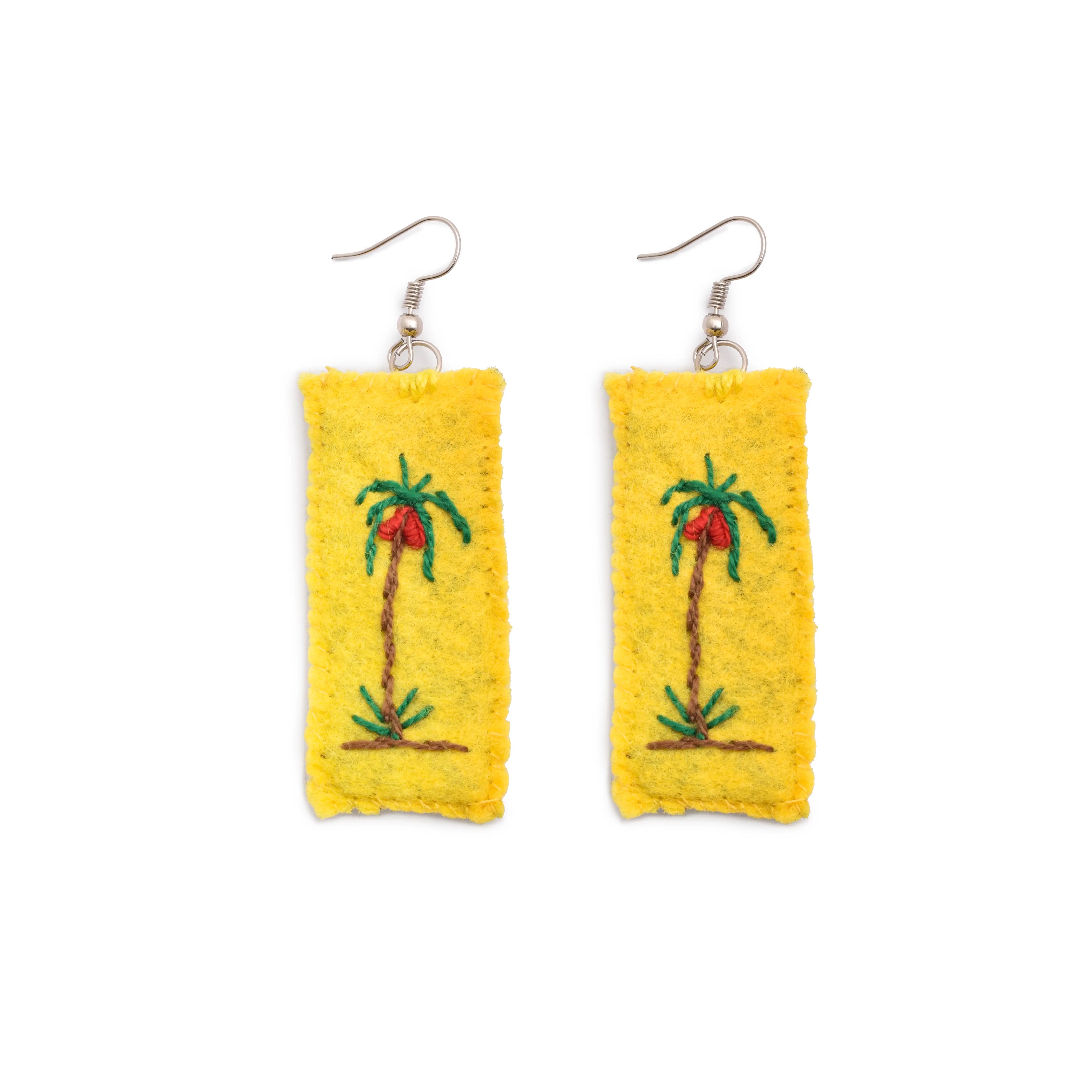Hand Embroidered Earrings Rectangular  with color yellow with palm tree design 