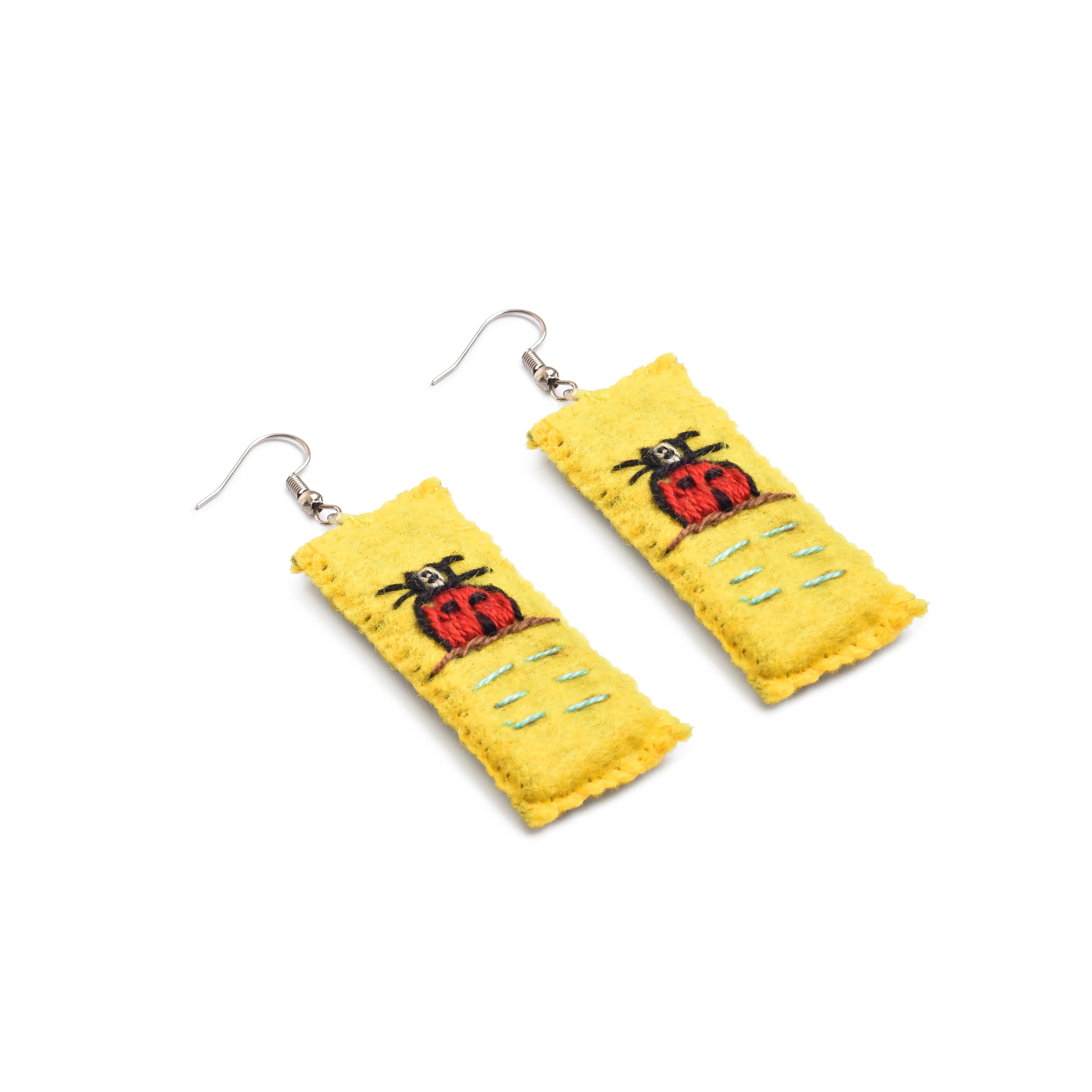 Hand Embroidered Earrings Yellow  with red country house designs