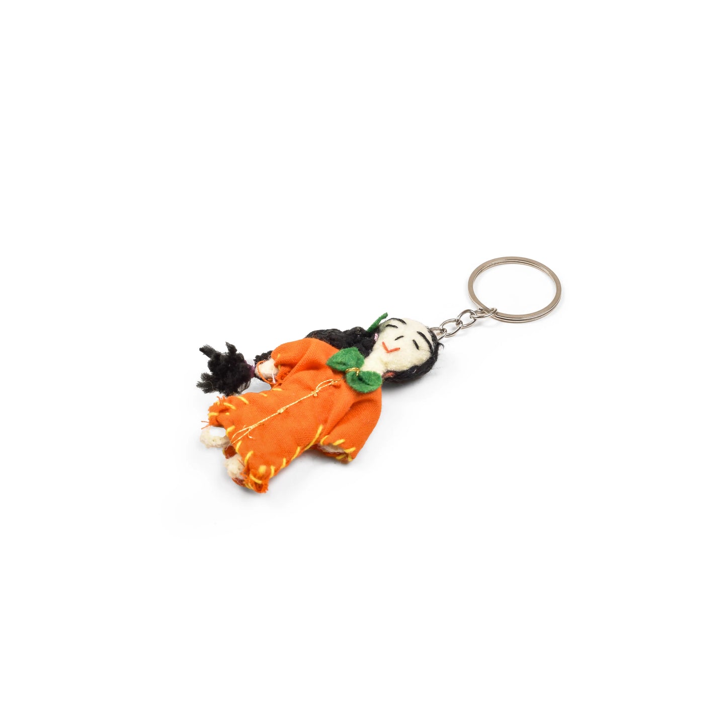 Doll Keychain with a figurine of a woman in a orang dress 