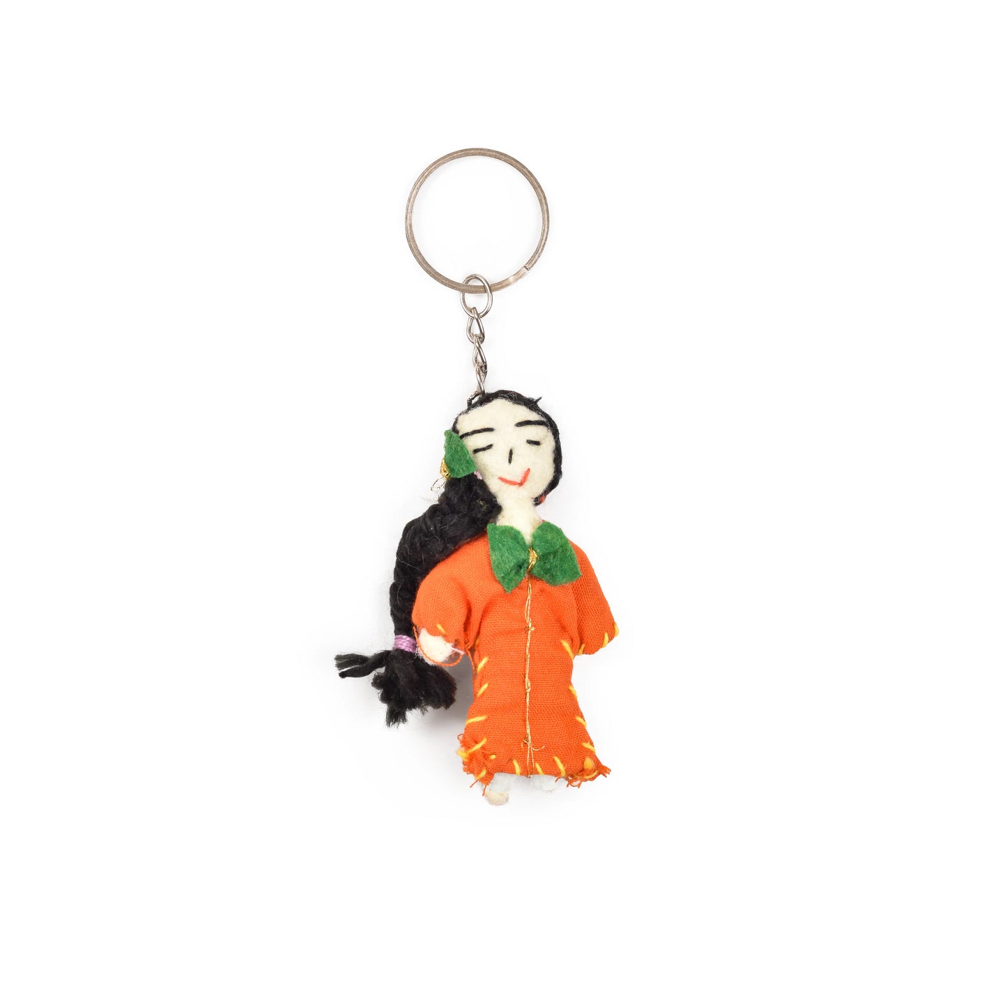 Doll Keychain with a figurine of a woman in a orang dress 