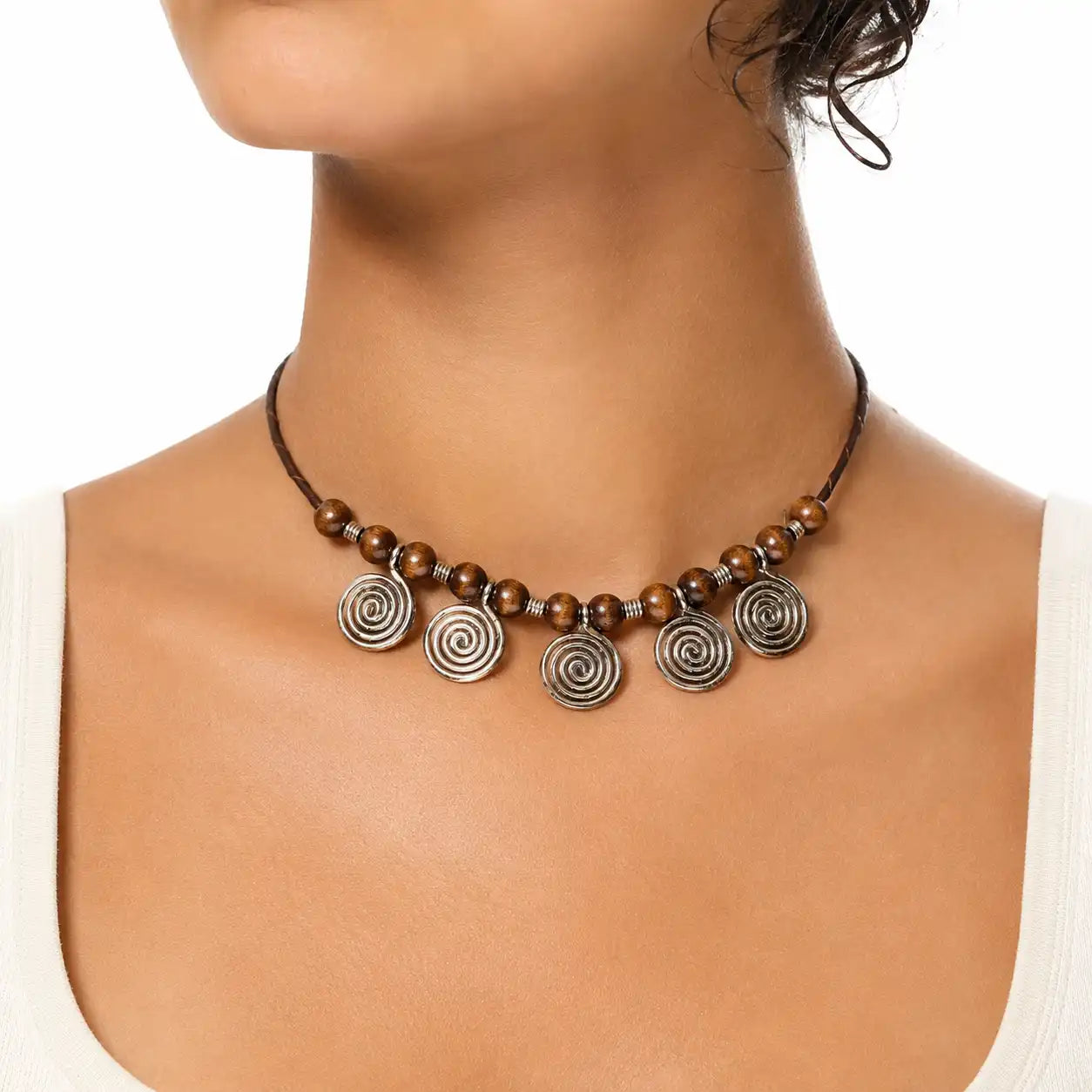 5 Spiral Pendants Brass Necklace