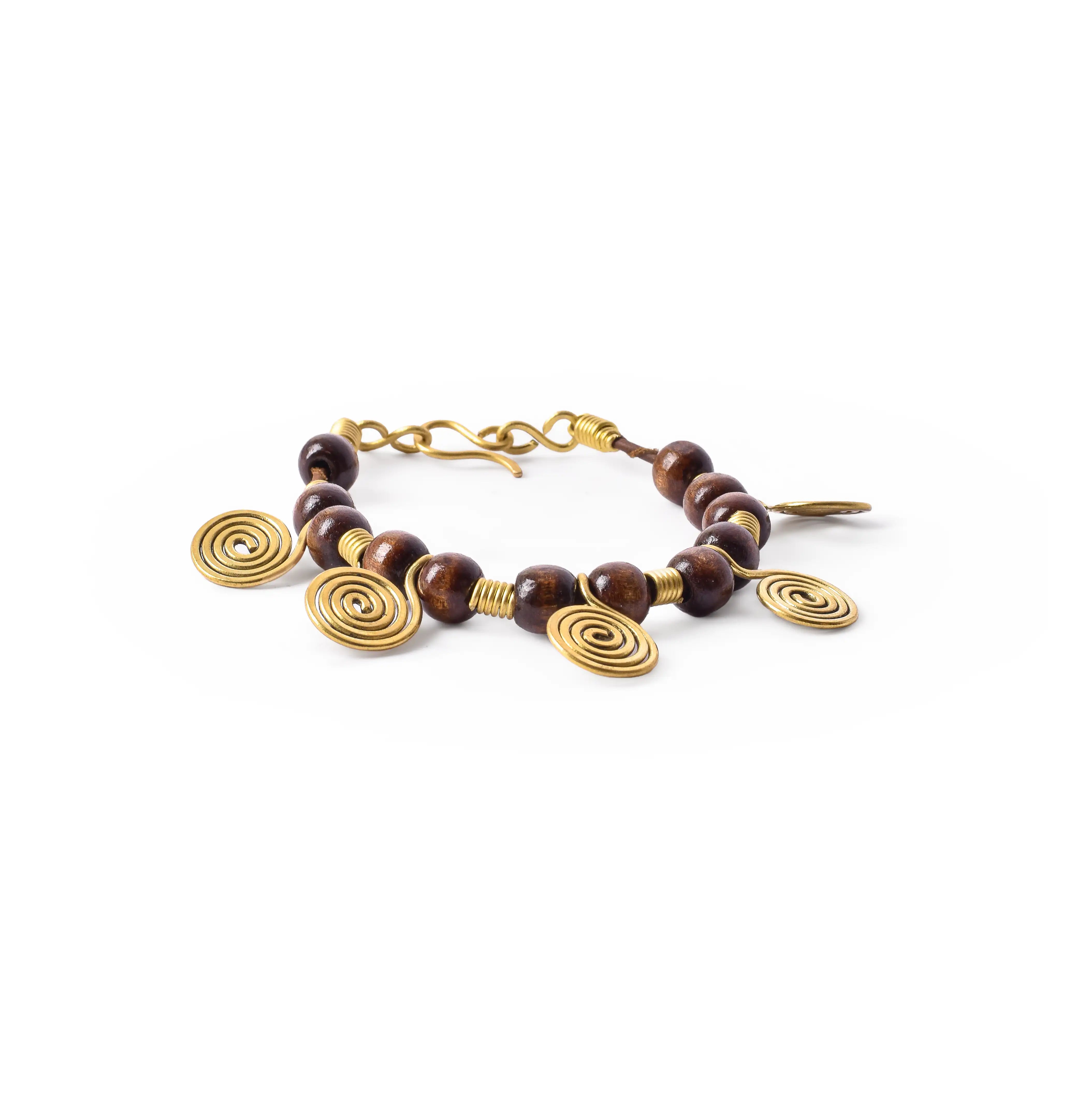 Brass & Wood Spiral Pendants Bracelet