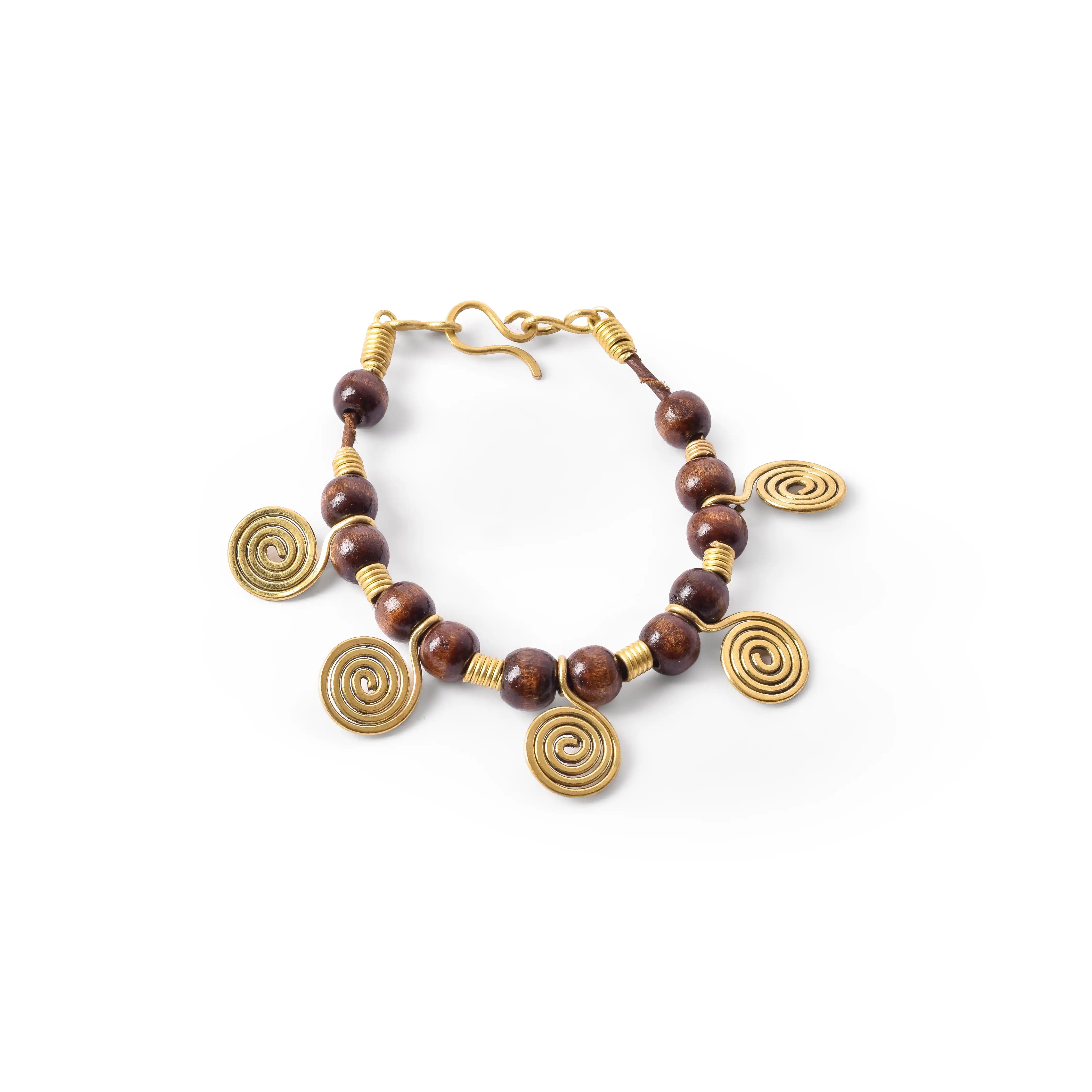 Brass & Wood Spiral Pendants Bracelet