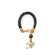 Leather eye of Horus color blak Brass Charm Bracelet  