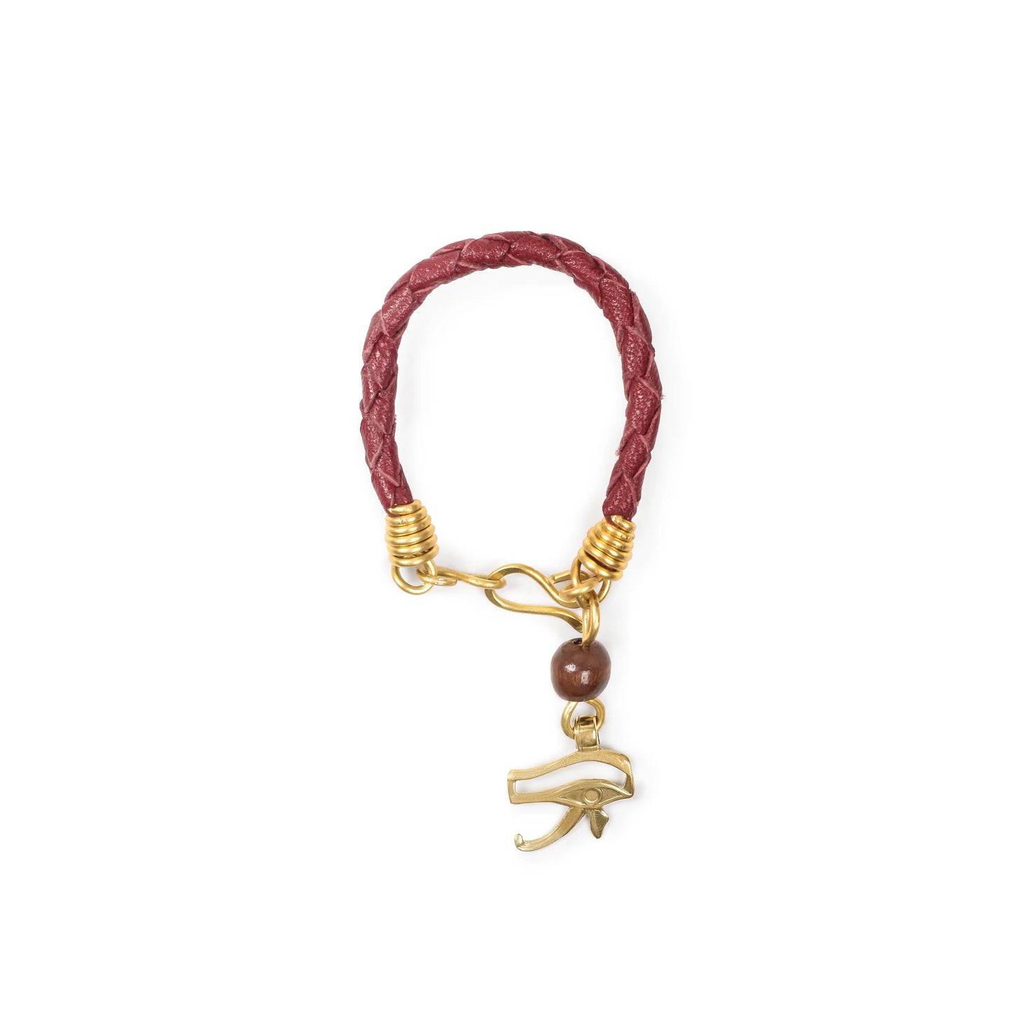 Leather eye of Horus color bargndy Brass Charm Bracelet  