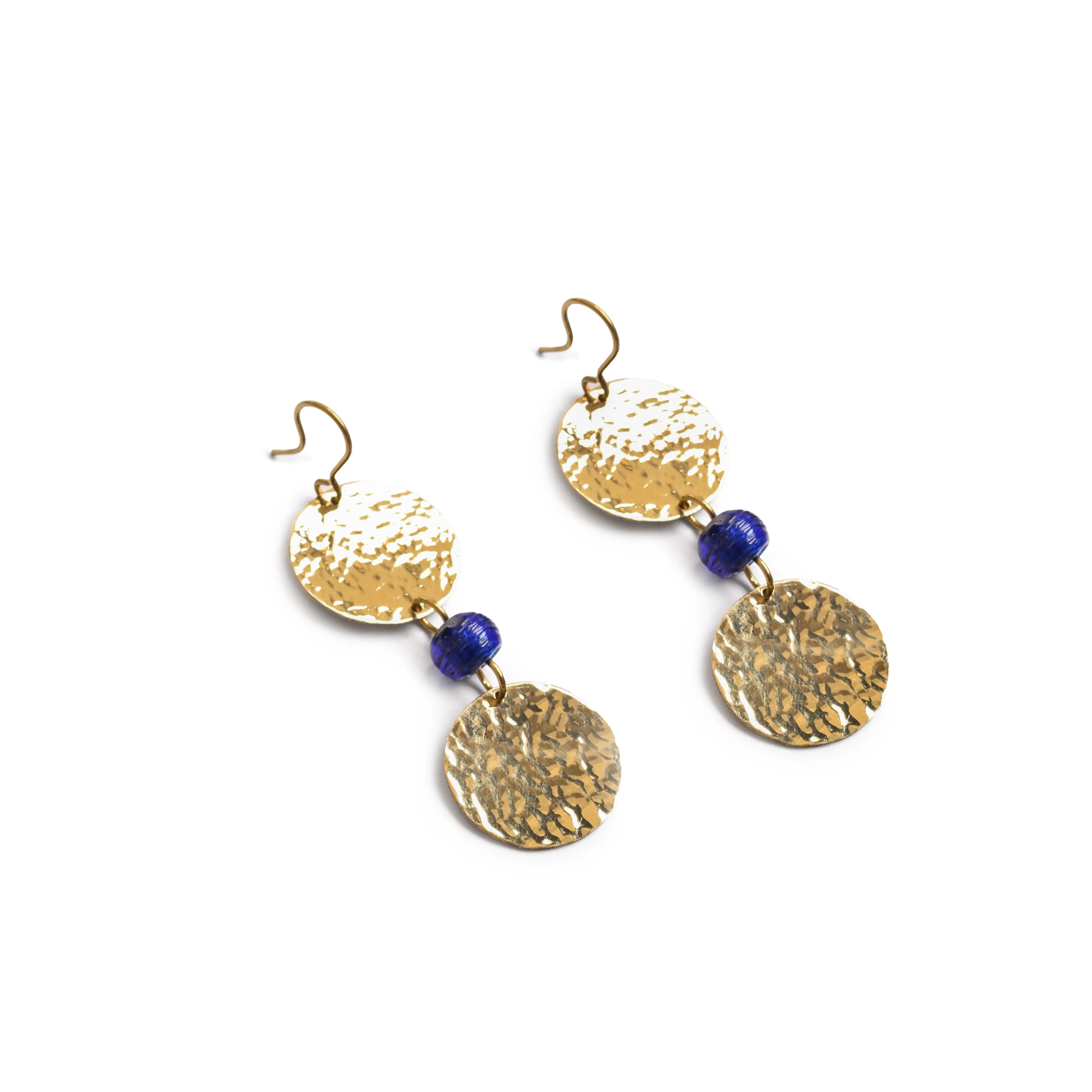 Hammered Brass Earring with Blue Bead