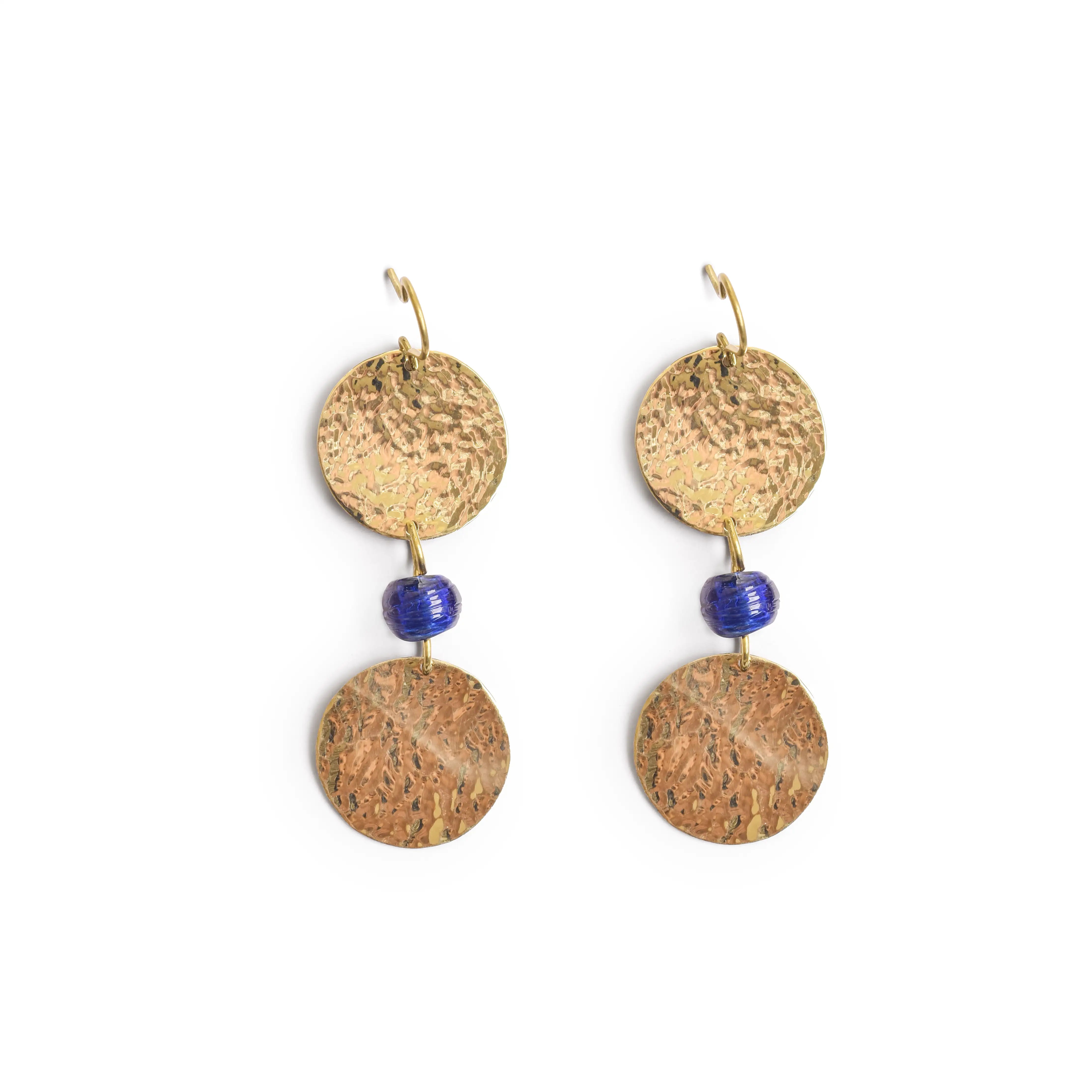 Hammered Brass Earring with Blue Bead