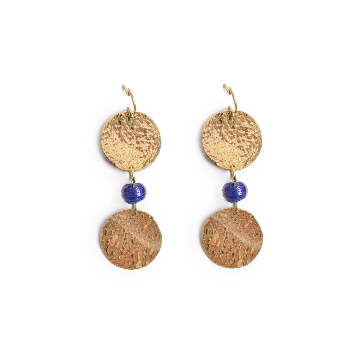 Hammered Brass Earring with Blue Bead