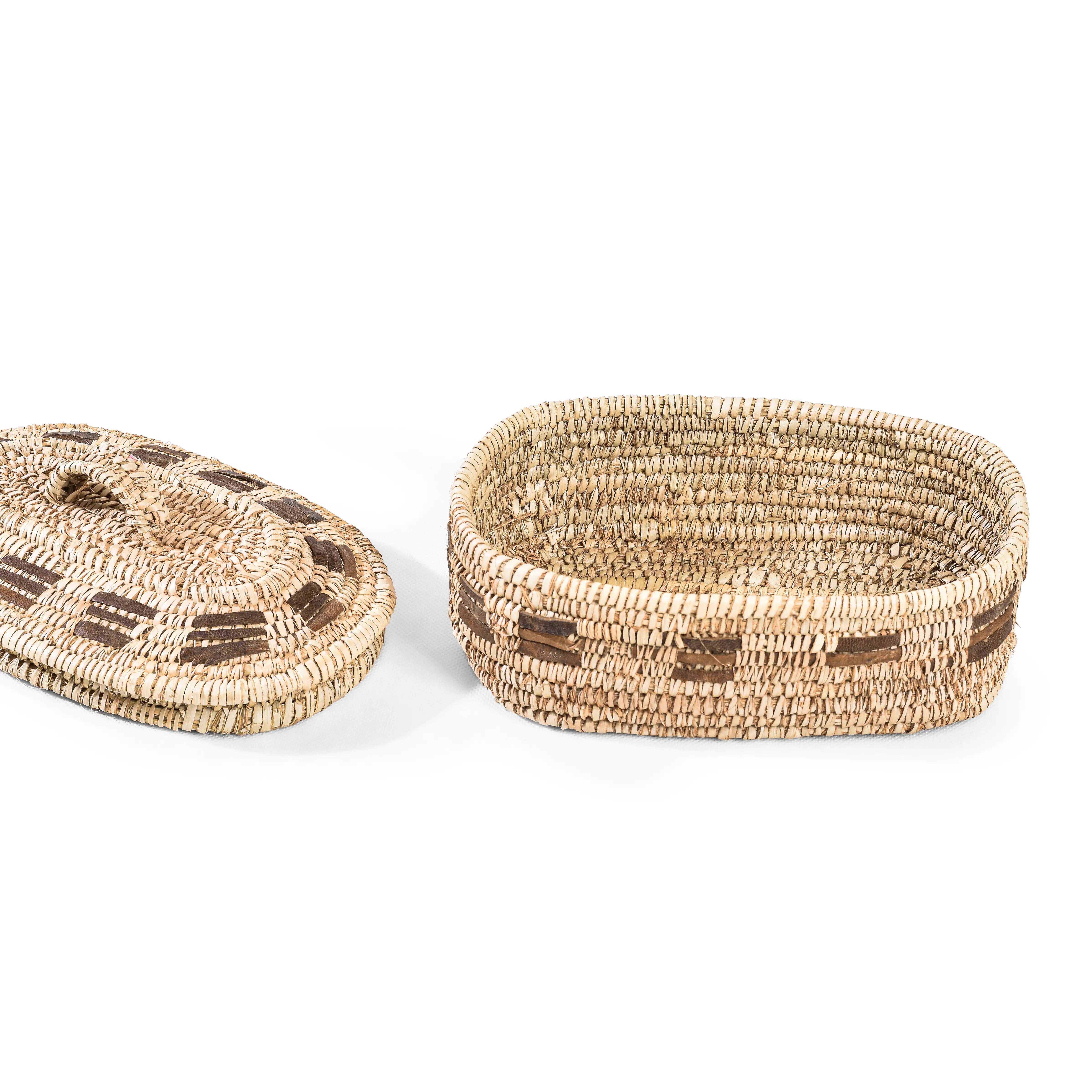 Wicker & Leather Flat Container with Lid