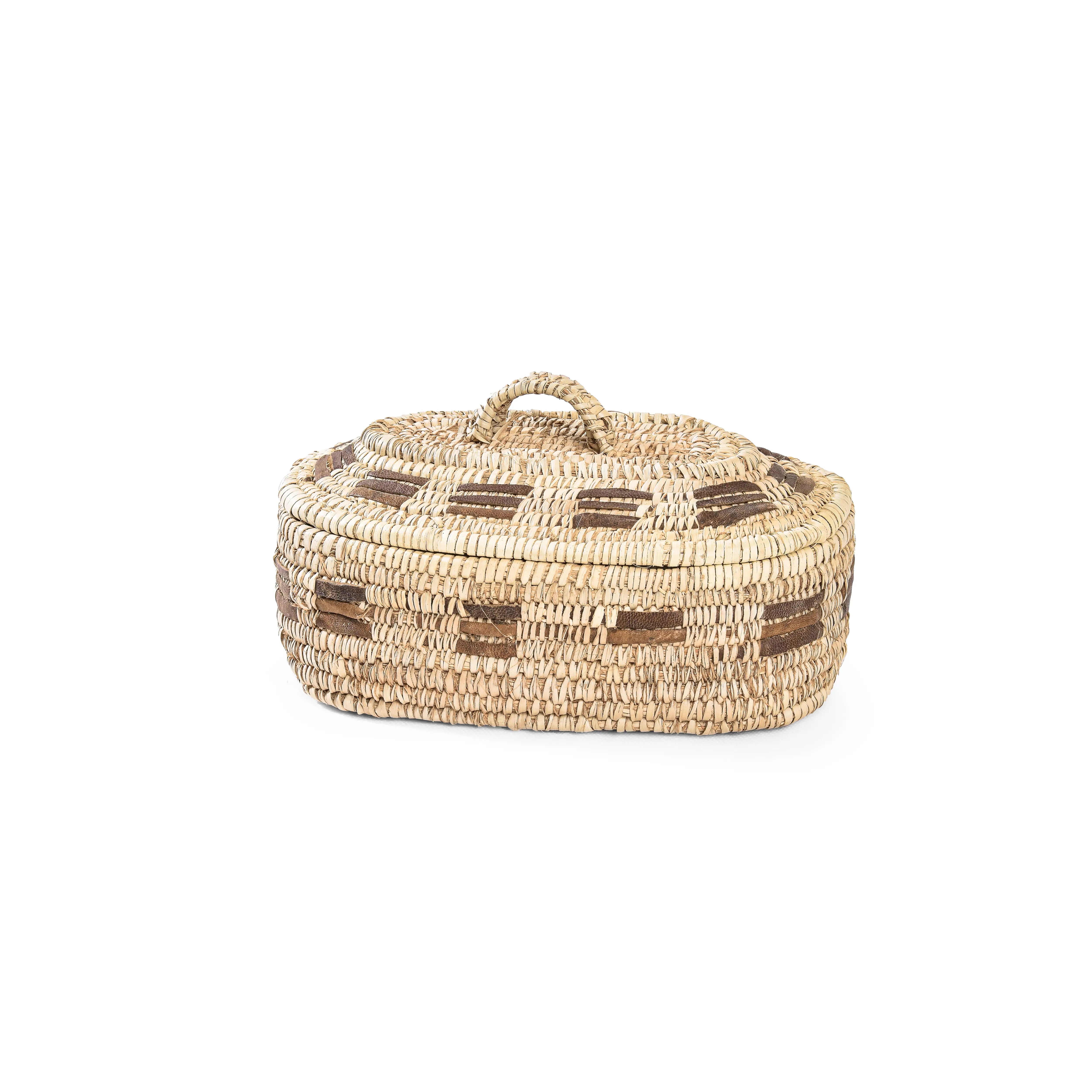 Wicker & Leather Flat Container with Lid