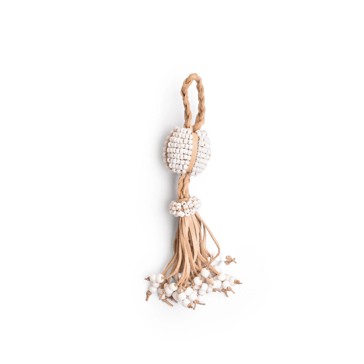 hand braided leather  tassel with white beads 