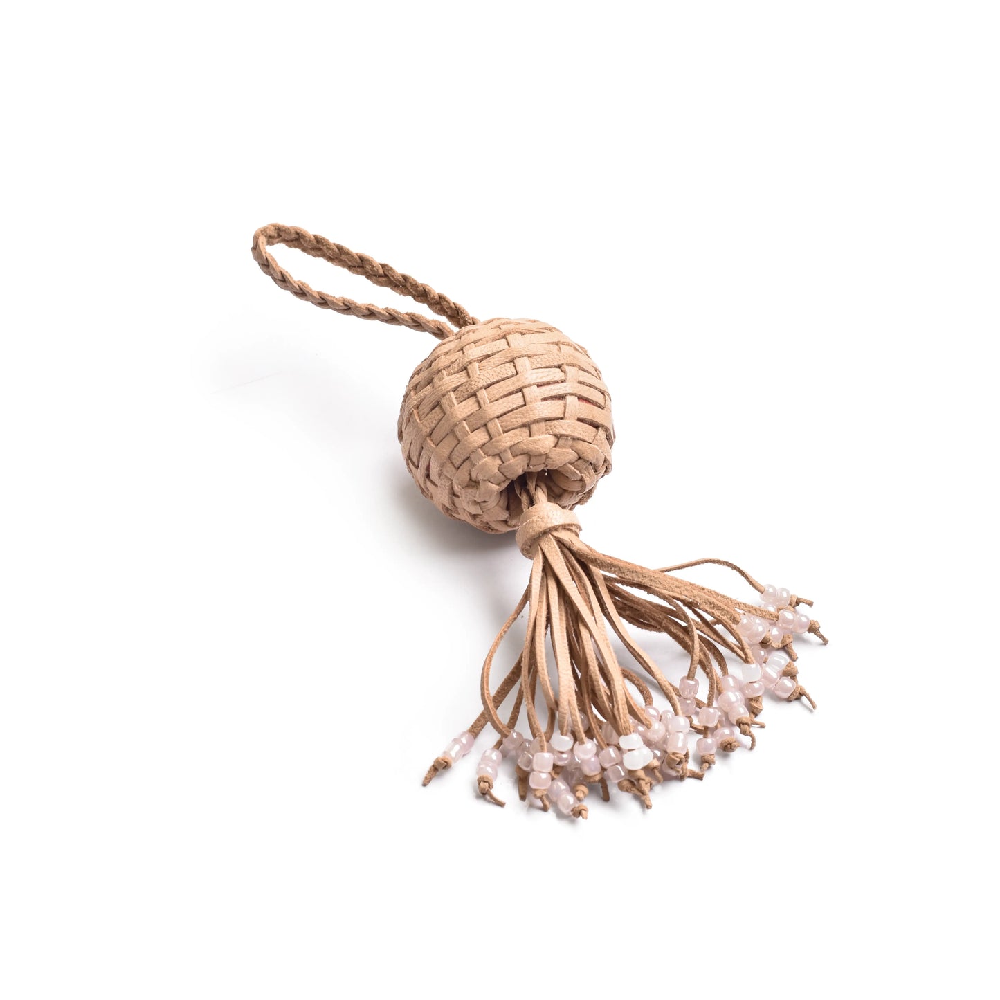 hand braided leather  tassel with white beads 
