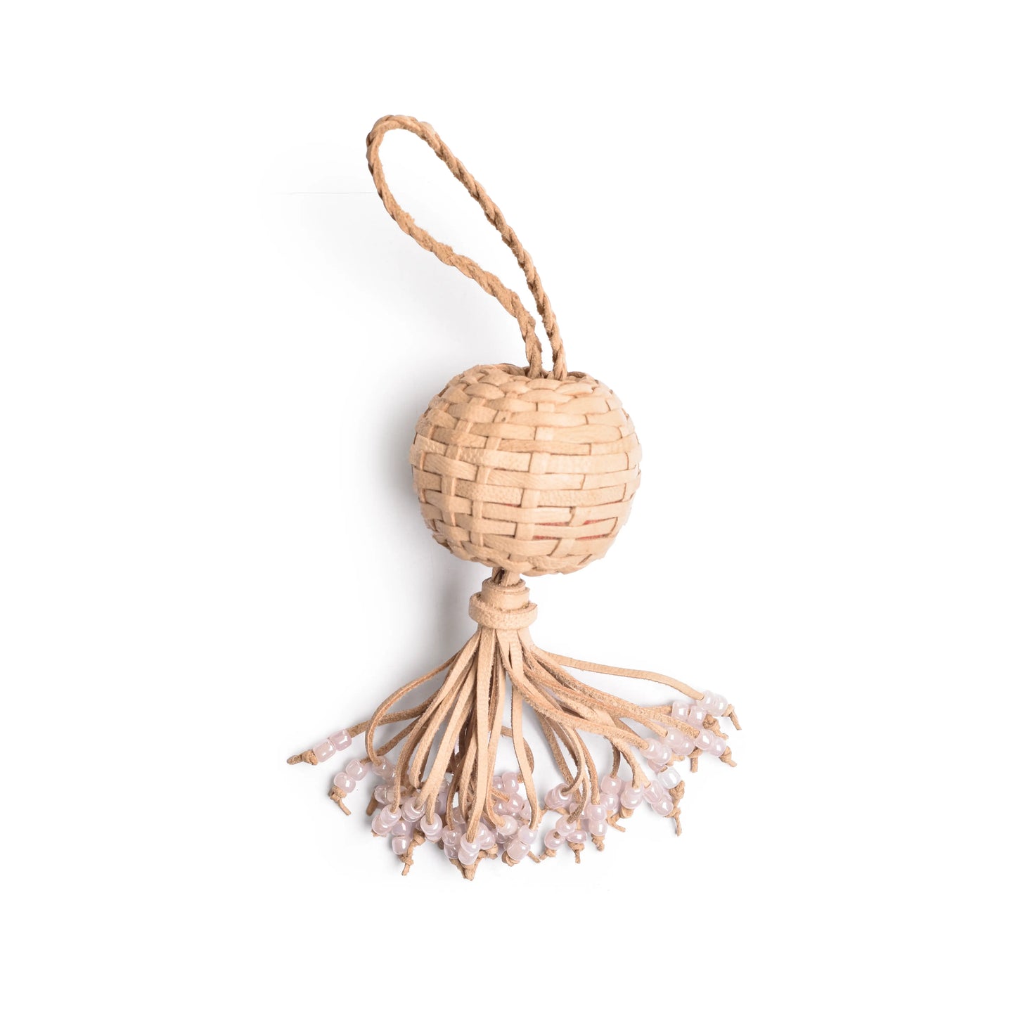 hand braided leather  tassel with white beads 