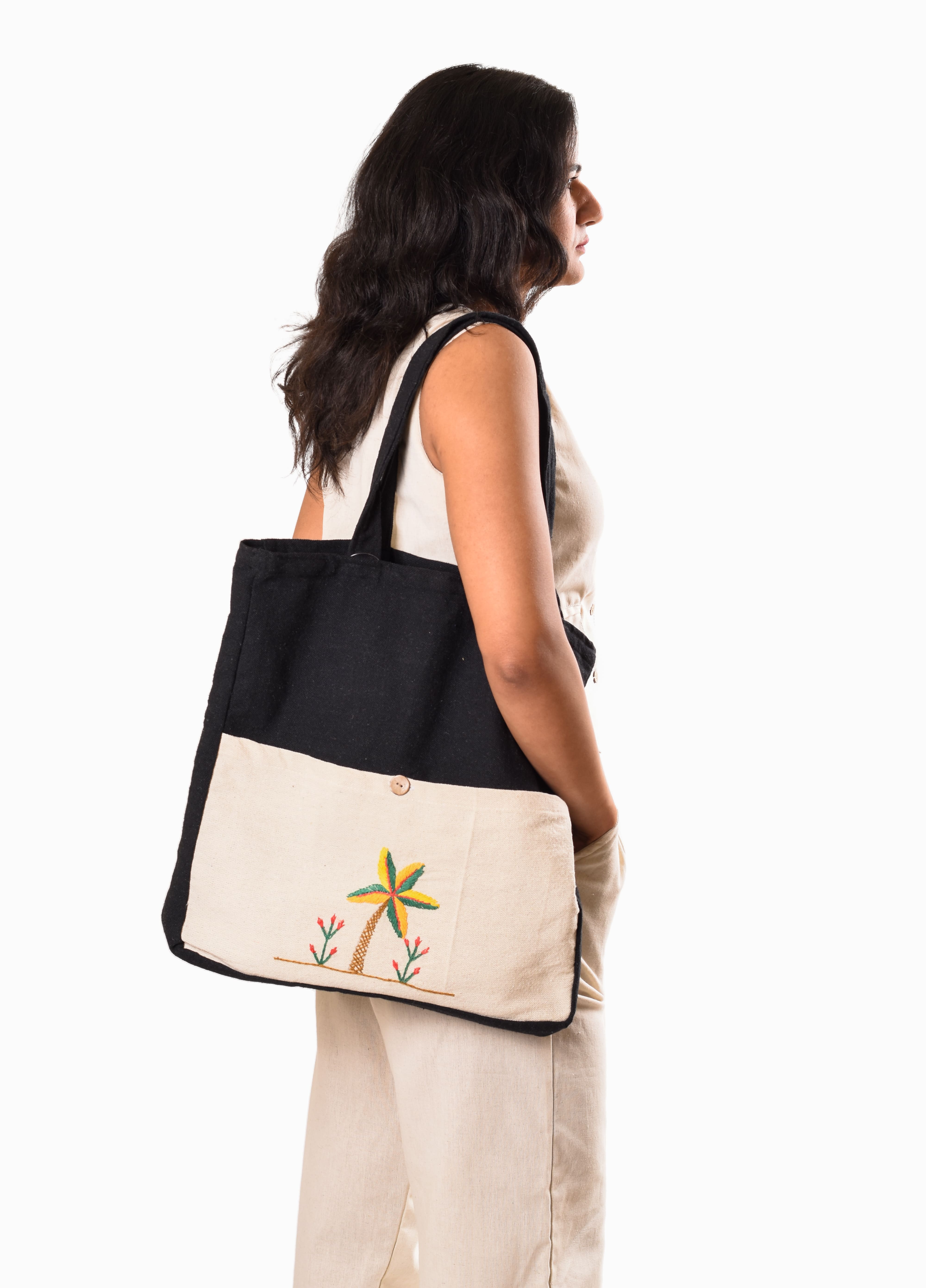 Embroidered Tote Bag with Pocket