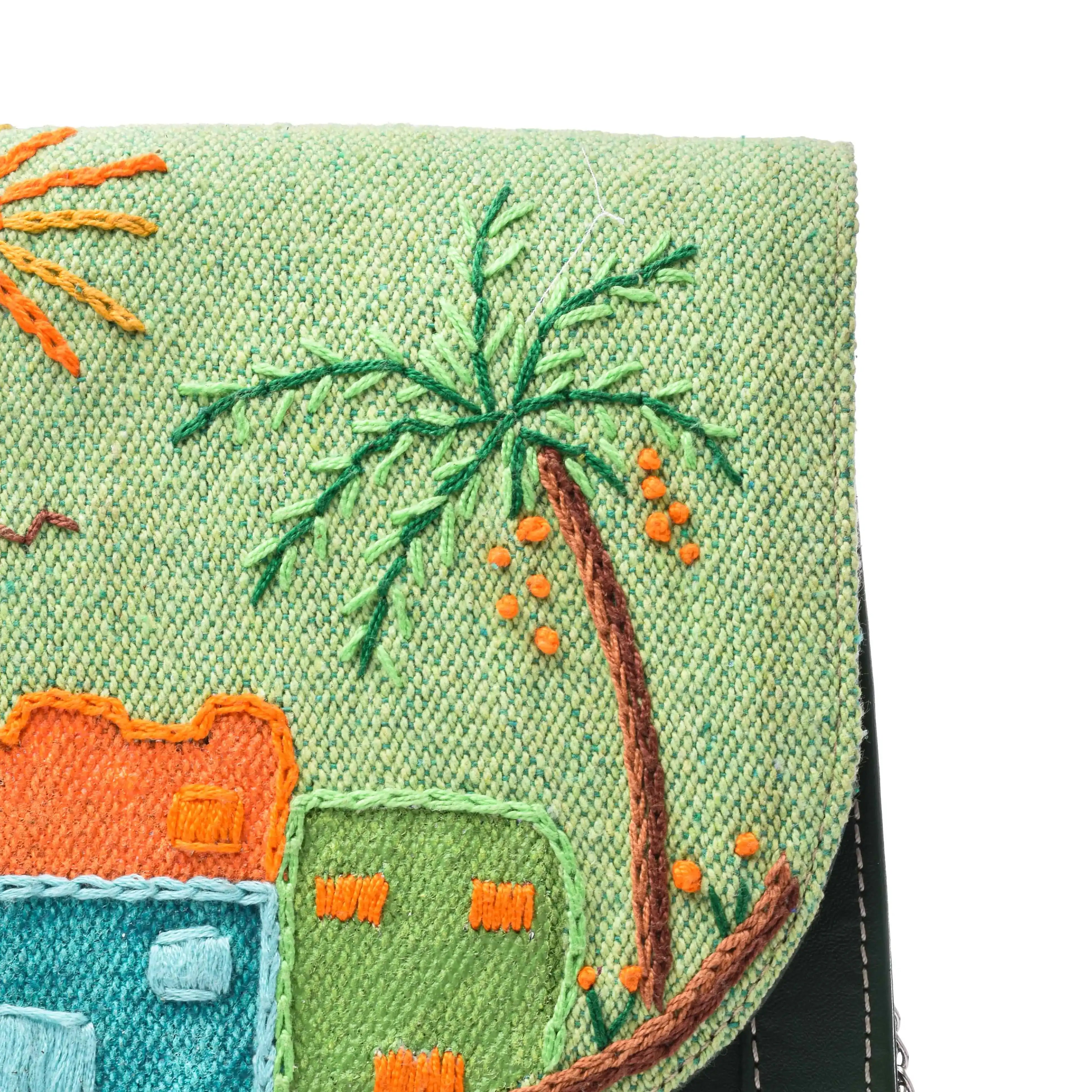 Hand-embroidered Clutch With Color Green