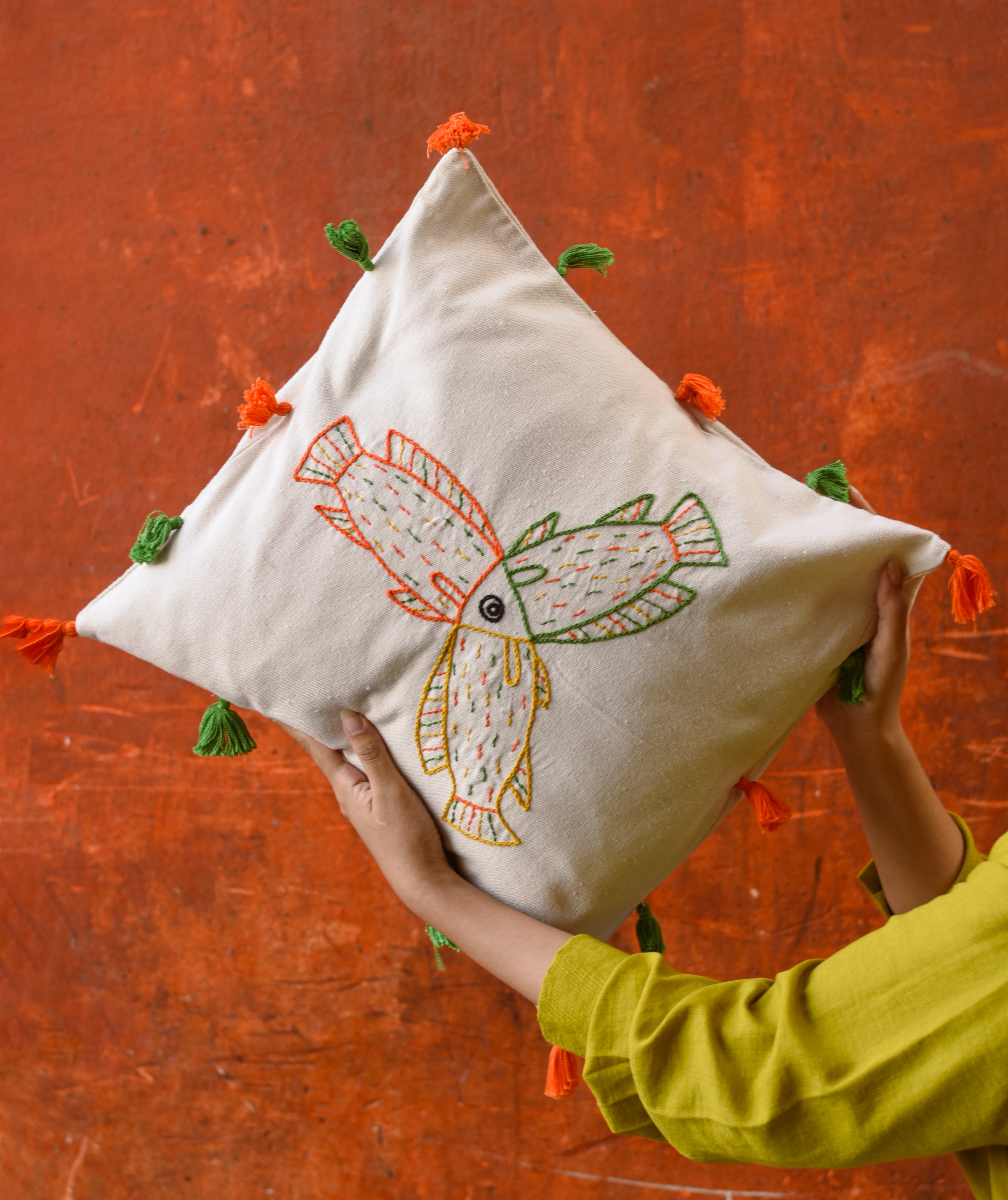 Three Fishes Embroidered Cushion Cover