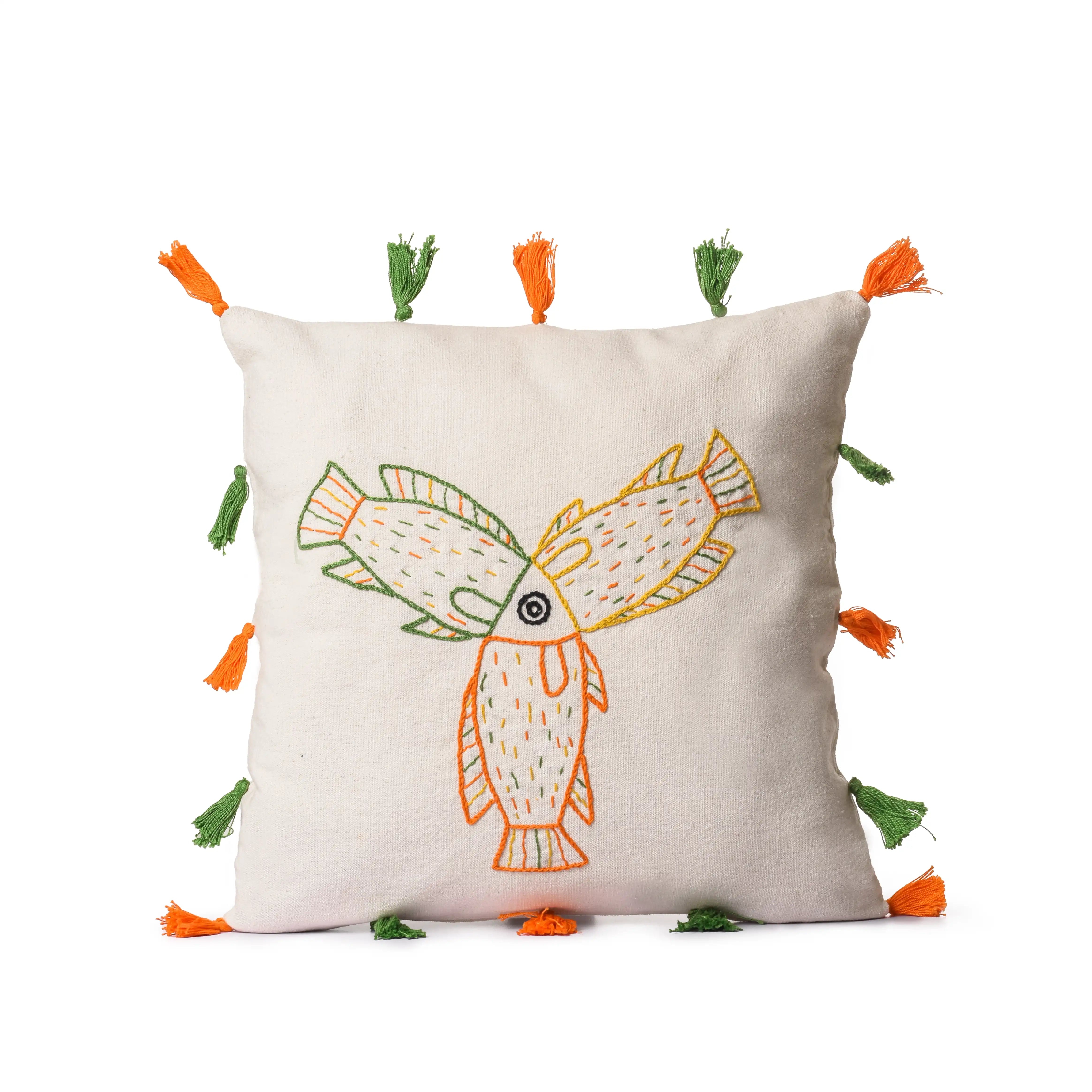 Three Fishes Embroidered Cushion Cover