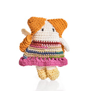 Crocheted toy with a colorful dress 